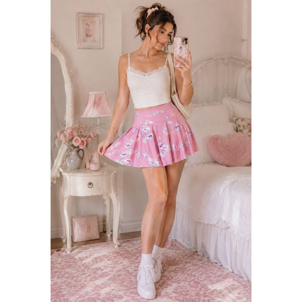 LoveShackFancy Nillma Floral Mini Skirt size Medium Pink Lilac Coquette Romantic